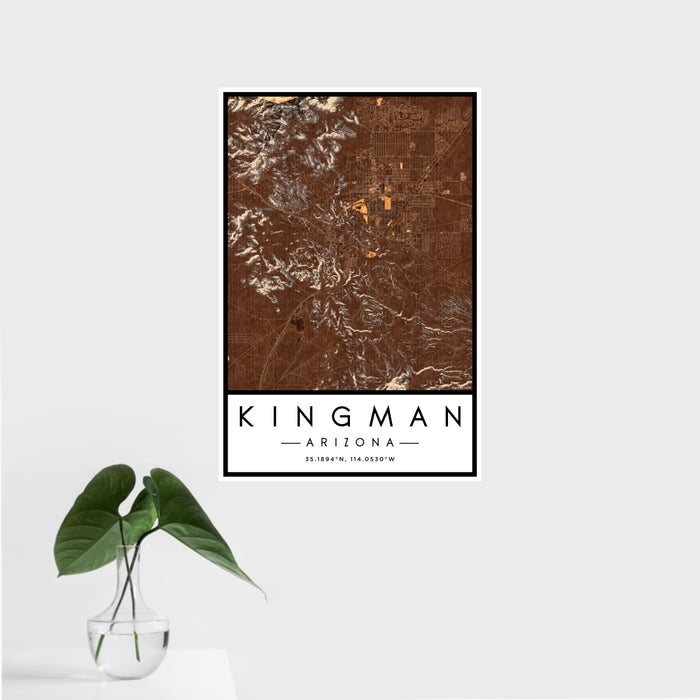 16x24 Kingman Arizona Map Print Portrait Orientation in Ember Style With Tropical Plant Leaves in Water