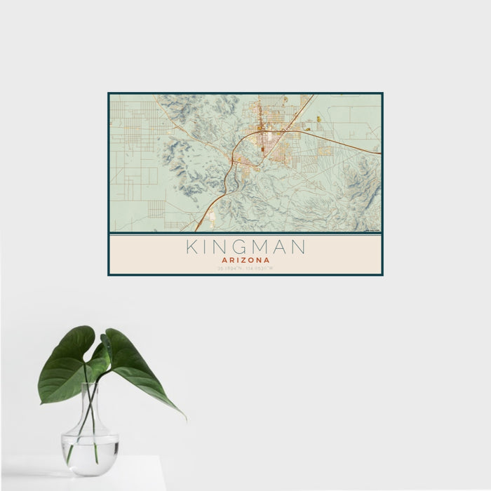 16x24 Kingman Arizona Map Print Landscape Orientation in Woodblock Style With Tropical Plant Leaves in Water