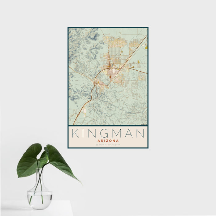 16x24 Kingman Arizona Map Print Portrait Orientation in Woodblock Style With Tropical Plant Leaves in Water