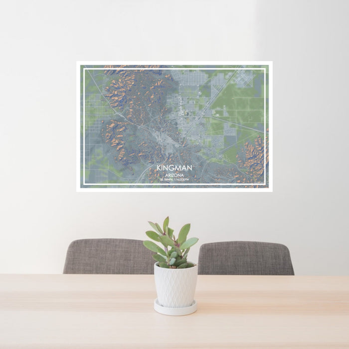 24x36 Kingman Arizona Map Print Lanscape Orientation in Afternoon Style Behind 2 Chairs Table and Potted Plant