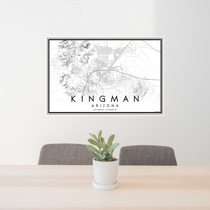 24x36 Kingman Arizona Map Print Lanscape Orientation in Classic Style Behind 2 Chairs Table and Potted Plant