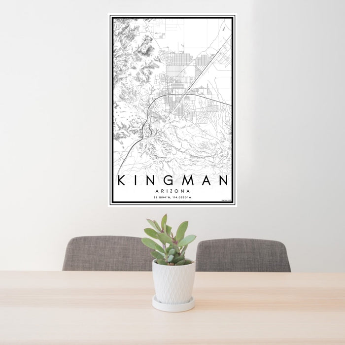 24x36 Kingman Arizona Map Print Portrait Orientation in Classic Style Behind 2 Chairs Table and Potted Plant