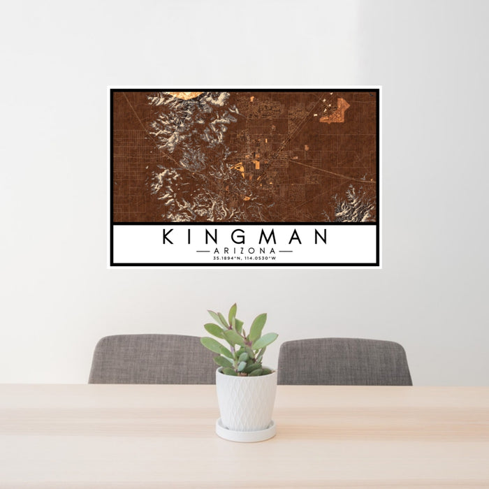 24x36 Kingman Arizona Map Print Lanscape Orientation in Ember Style Behind 2 Chairs Table and Potted Plant