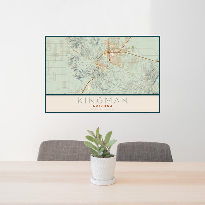 24x36 Kingman Arizona Map Print Lanscape Orientation in Woodblock Style Behind 2 Chairs Table and Potted Plant