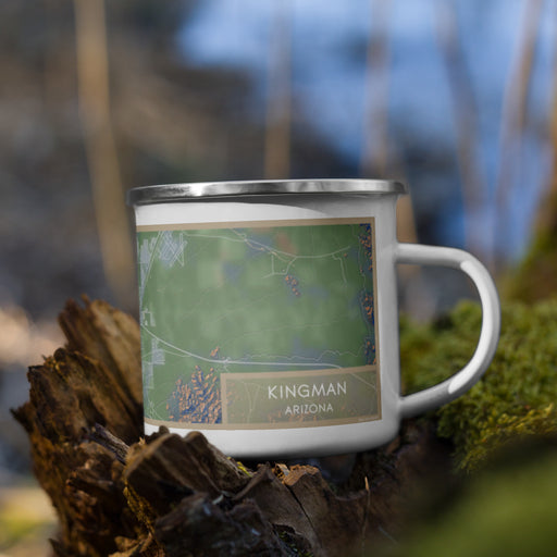 Right View Custom Kingman Arizona Map Enamel Mug in Afternoon on Grass With Trees in Background