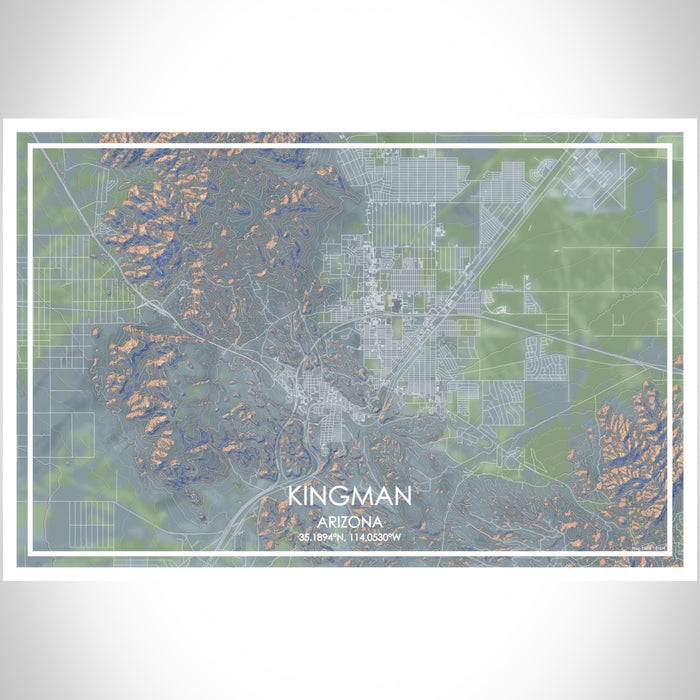Kingman Arizona Map Print Landscape Orientation in Afternoon Style With Shaded Background