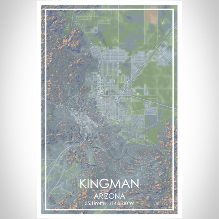 Kingman Arizona Map Print Portrait Orientation in Afternoon Style With Shaded Background