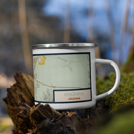 Right View Custom Kingman Arizona Map Enamel Mug in Woodblock on Grass With Trees in Background