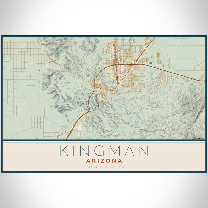 Kingman Arizona Map Print Landscape Orientation in Woodblock Style With Shaded Background