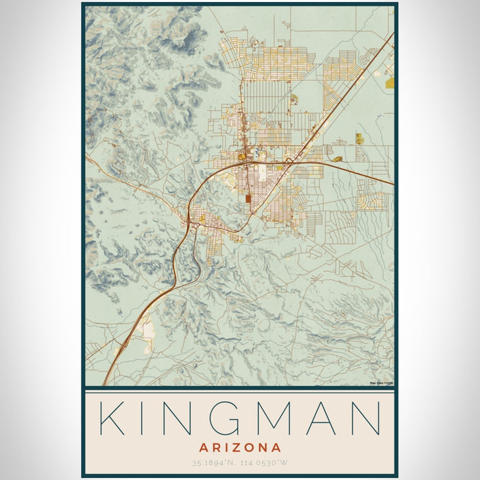 Kingman Arizona Map Print Portrait Orientation in Woodblock Style With Shaded Background