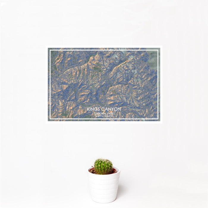 12x18 Kings Canyon National Park Map Print Landscape Orientation in Afternoon Style With Small Cactus Plant in White Planter