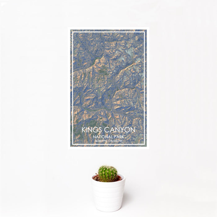 12x18 Kings Canyon National Park Map Print Portrait Orientation in Afternoon Style With Small Cactus Plant in White Planter