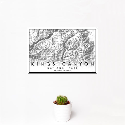 12x18 Kings Canyon National Park Map Print Landscape Orientation in Classic Style With Small Cactus Plant in White Planter