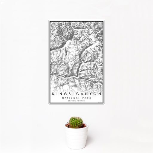 12x18 Kings Canyon National Park Map Print Portrait Orientation in Classic Style With Small Cactus Plant in White Planter