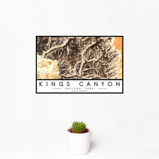 12x18 Kings Canyon National Park Map Print Landscape Orientation in Ember Style With Small Cactus Plant in White Planter