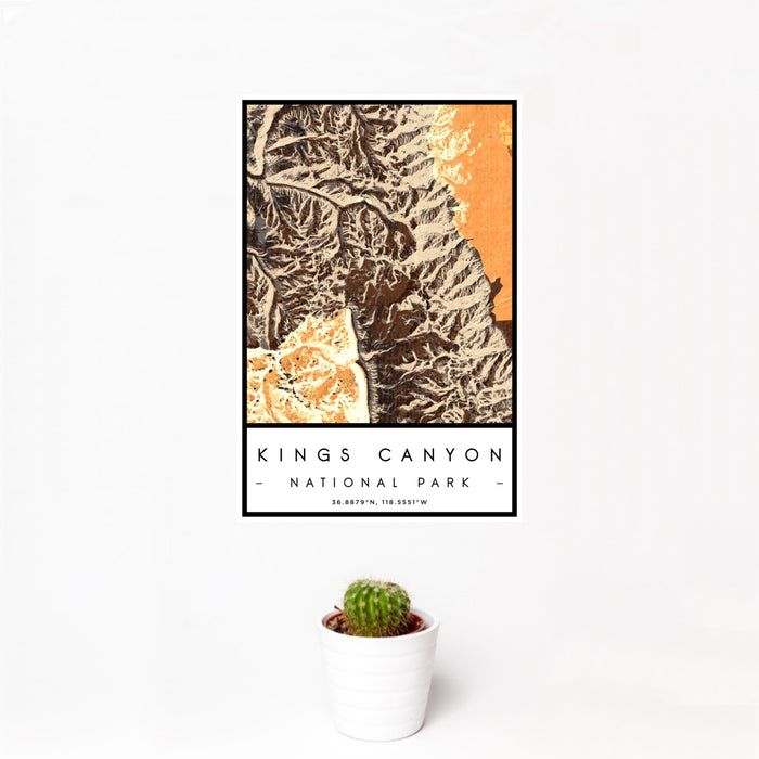 12x18 Kings Canyon National Park Map Print Portrait Orientation in Ember Style With Small Cactus Plant in White Planter