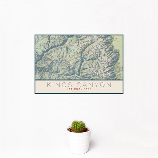 12x18 Kings Canyon National Park Map Print Landscape Orientation in Woodblock Style With Small Cactus Plant in White Planter