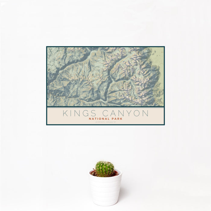 12x18 Kings Canyon National Park Map Print Landscape Orientation in Woodblock Style With Small Cactus Plant in White Planter
