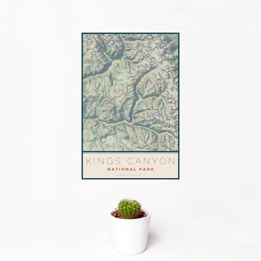 12x18 Kings Canyon National Park Map Print Portrait Orientation in Woodblock Style With Small Cactus Plant in White Planter