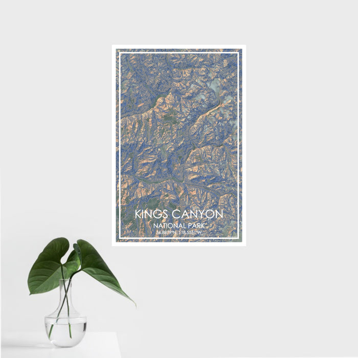 16x24 Kings Canyon National Park Map Print Portrait Orientation in Afternoon Style With Tropical Plant Leaves in Water