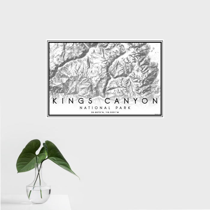16x24 Kings Canyon National Park Map Print Landscape Orientation in Classic Style With Tropical Plant Leaves in Water