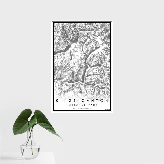 16x24 Kings Canyon National Park Map Print Portrait Orientation in Classic Style With Tropical Plant Leaves in Water