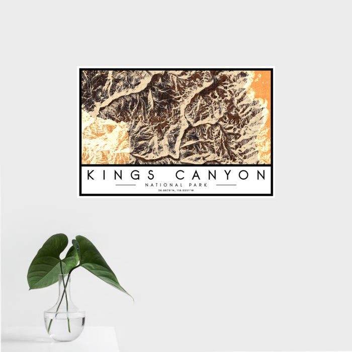 16x24 Kings Canyon National Park Map Print Landscape Orientation in Ember Style With Tropical Plant Leaves in Water