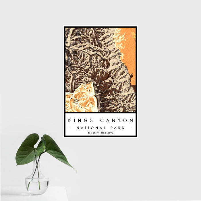 16x24 Kings Canyon National Park Map Print Portrait Orientation in Ember Style With Tropical Plant Leaves in Water