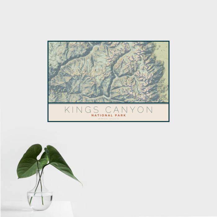 16x24 Kings Canyon National Park Map Print Landscape Orientation in Woodblock Style With Tropical Plant Leaves in Water