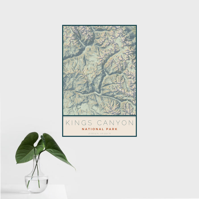 16x24 Kings Canyon National Park Map Print Portrait Orientation in Woodblock Style With Tropical Plant Leaves in Water