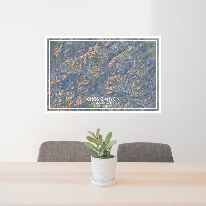 24x36 Kings Canyon National Park Map Print Lanscape Orientation in Afternoon Style Behind 2 Chairs Table and Potted Plant