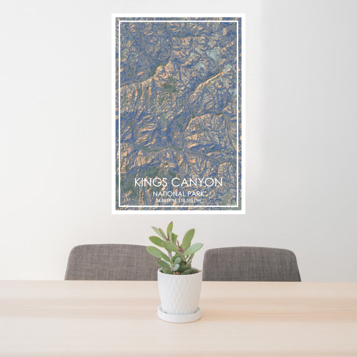 24x36 Kings Canyon National Park Map Print Portrait Orientation in Afternoon Style Behind 2 Chairs Table and Potted Plant