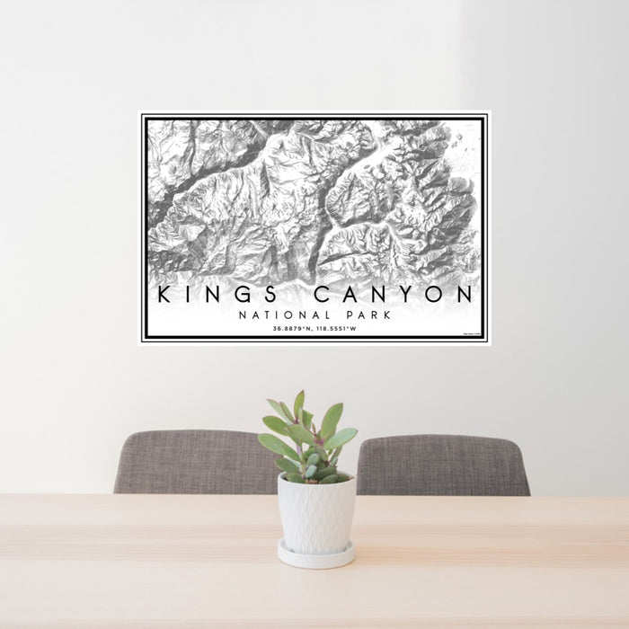 24x36 Kings Canyon National Park Map Print Lanscape Orientation in Classic Style Behind 2 Chairs Table and Potted Plant