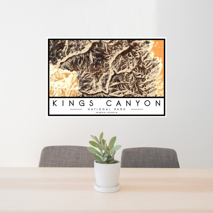 24x36 Kings Canyon National Park Map Print Lanscape Orientation in Ember Style Behind 2 Chairs Table and Potted Plant