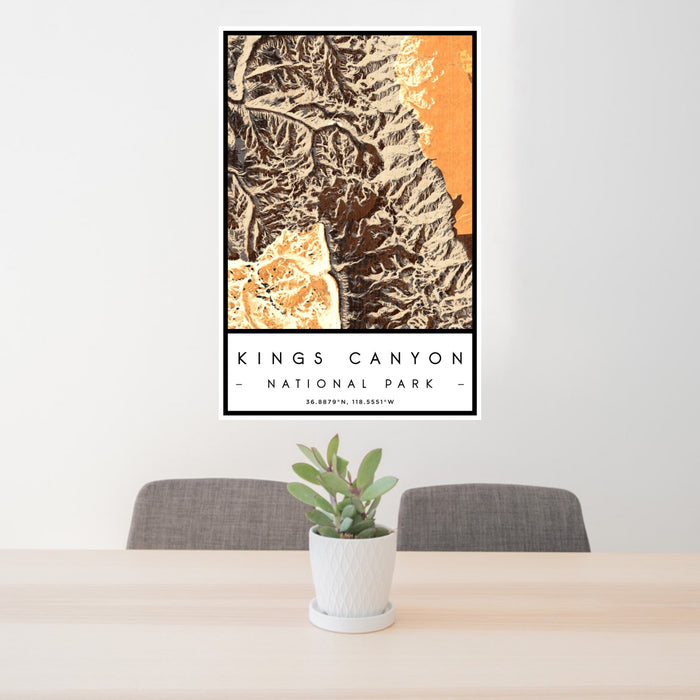 24x36 Kings Canyon National Park Map Print Portrait Orientation in Ember Style Behind 2 Chairs Table and Potted Plant