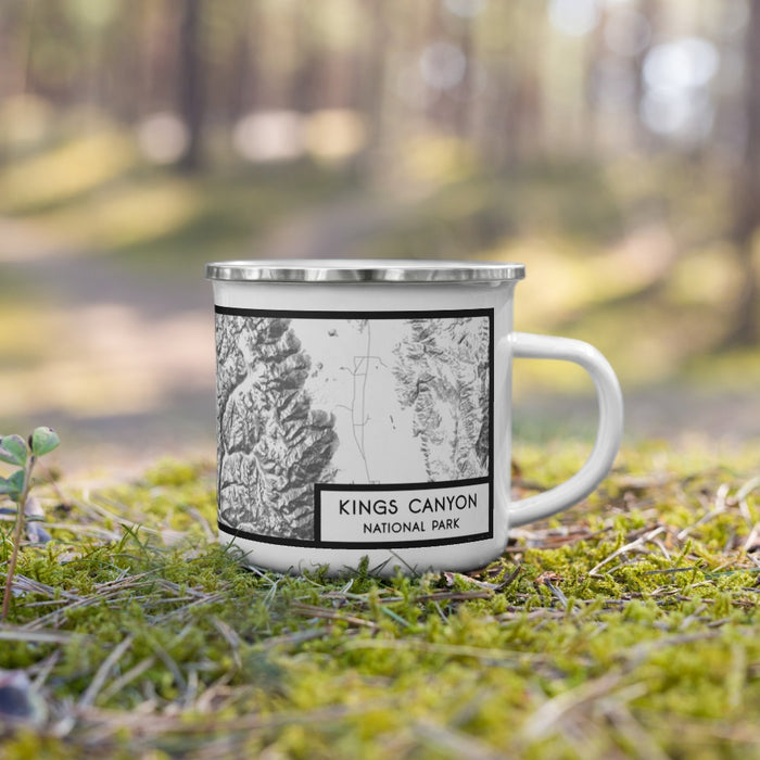Right View Custom Kings Canyon National Park Map Enamel Mug in Classic on Grass With Trees in Background