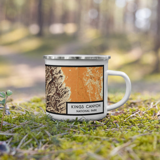 Right View Custom Kings Canyon National Park Map Enamel Mug in Ember on Grass With Trees in Background