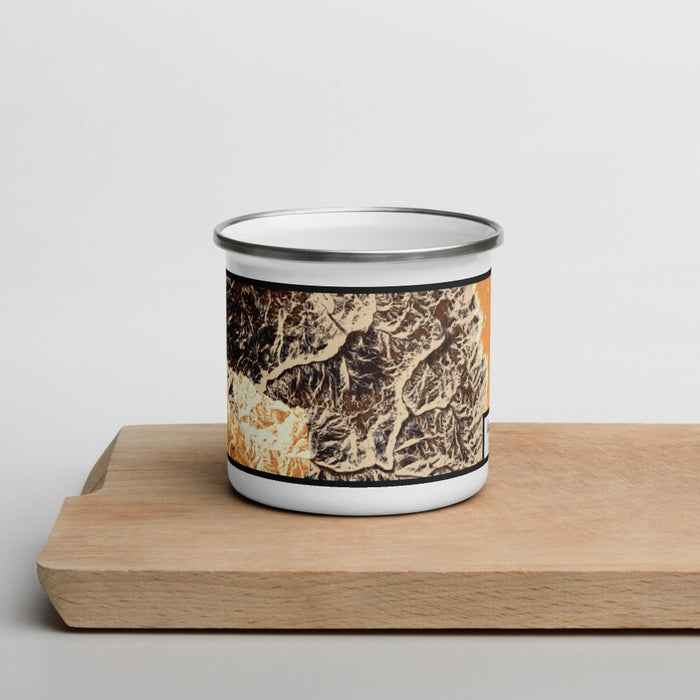 Front View Custom Kings Canyon National Park Map Enamel Mug in Ember on Cutting Board