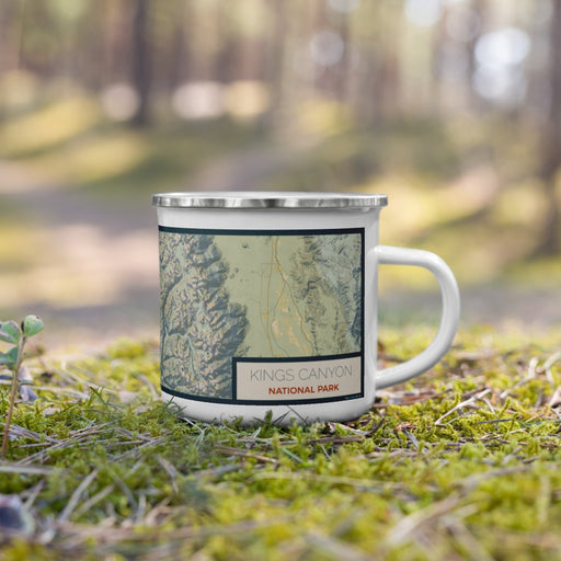 Right View Custom Kings Canyon National Park Map Enamel Mug in Woodblock on Grass With Trees in Background