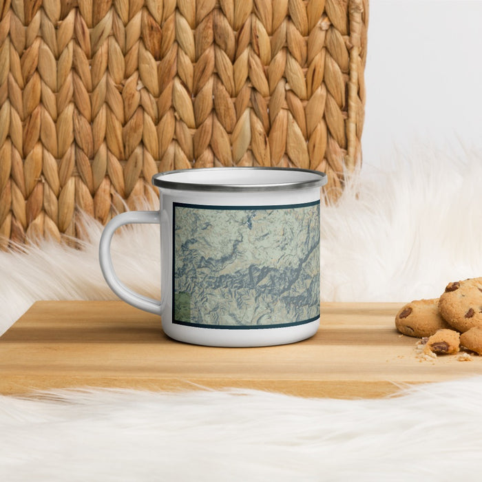 Left View Custom Kings Canyon National Park Map Enamel Mug in Woodblock on Table Top