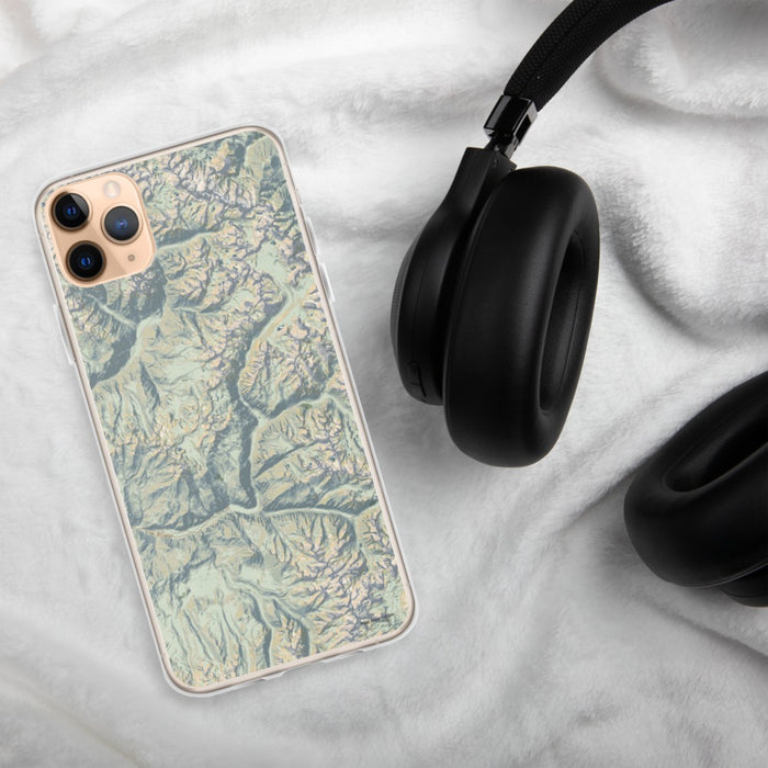 Custom Kings Canyon National Park Map Phone Case in Woodblock on Table with Black Headphones