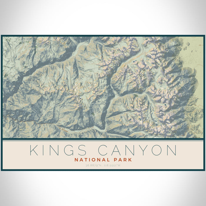 Kings Canyon National Park Map Print Landscape Orientation in Woodblock Style With Shaded Background