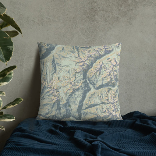 Custom Kings Canyon National Park Map Throw Pillow in Woodblock on Bedding Against Wall