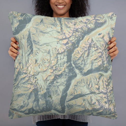Person holding 22x22 Custom Kings Canyon National Park Map Throw Pillow in Woodblock