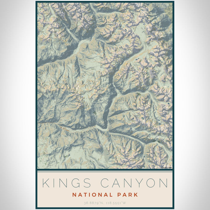 Kings Canyon National Park Map Print Portrait Orientation in Woodblock Style With Shaded Background
