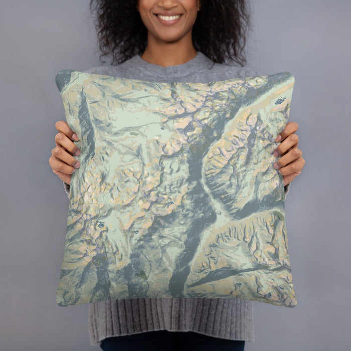 Person holding 18x18 Custom Kings Canyon National Park Map Throw Pillow in Woodblock