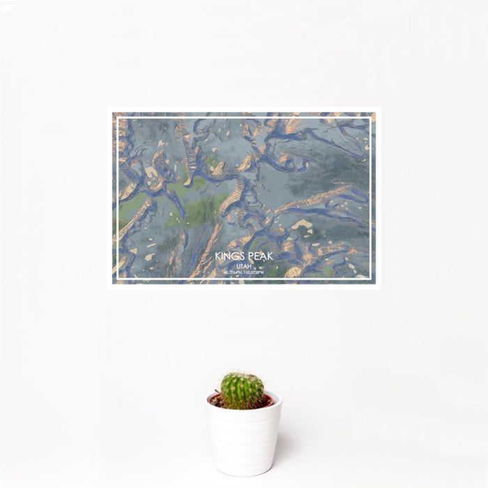 12x18 Kings Peak Utah Map Print Landscape Orientation in Afternoon Style With Small Cactus Plant in White Planter