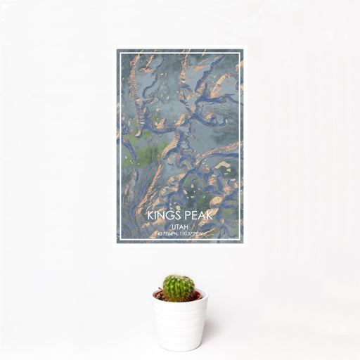 12x18 Kings Peak Utah Map Print Portrait Orientation in Afternoon Style With Small Cactus Plant in White Planter