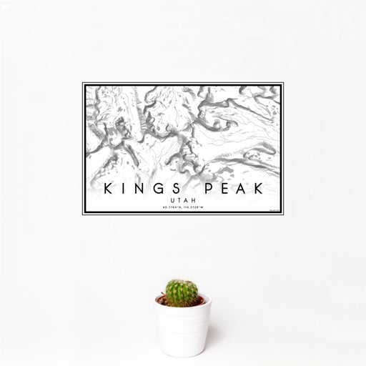 12x18 Kings Peak Utah Map Print Landscape Orientation in Classic Style With Small Cactus Plant in White Planter
