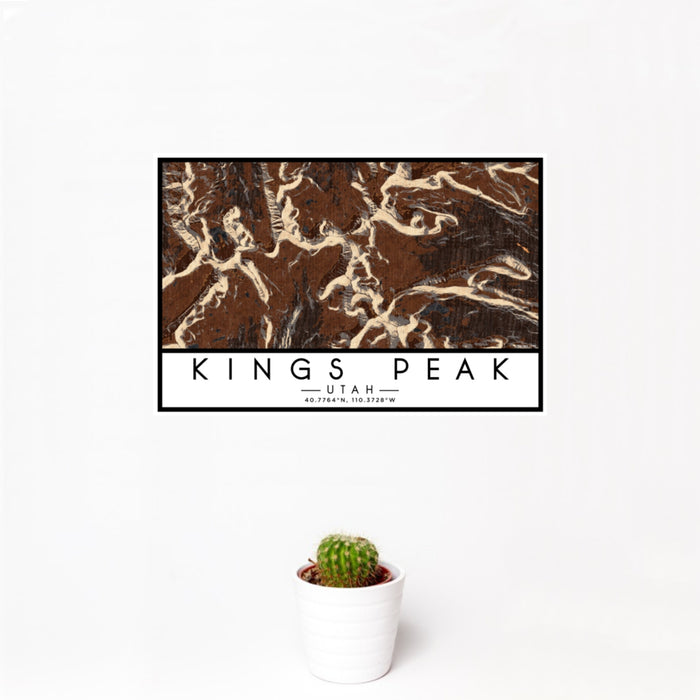 12x18 Kings Peak Utah Map Print Landscape Orientation in Ember Style With Small Cactus Plant in White Planter